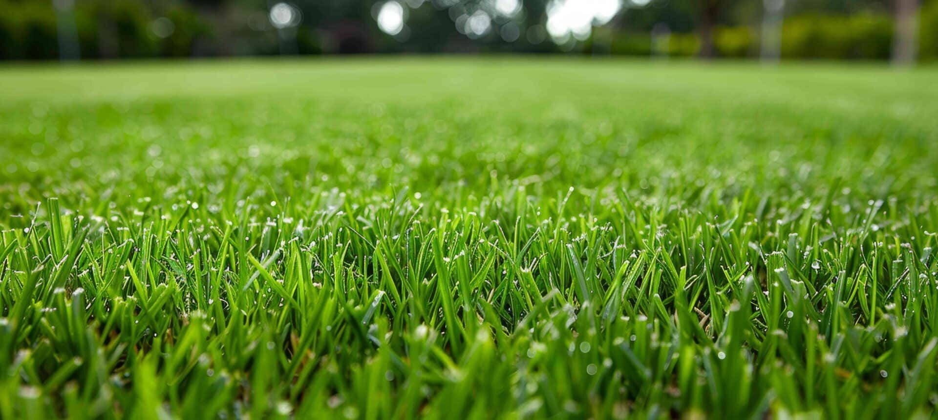Close-up of healthy Bermuda grass lawn showing lush green turf with morning dew drops and dense grass blades