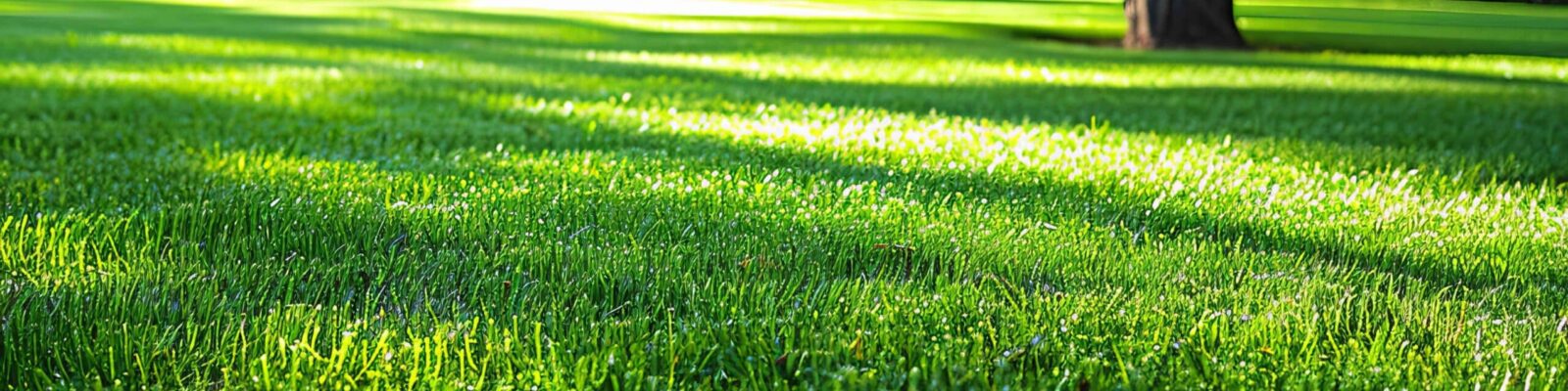 Vibrant close up of lush bermuda grass lawn in rich green color, depicting young and thriving growth Lush healthy Bermuda grass lawn with mature trees and professional landscaping in sunny residential yard