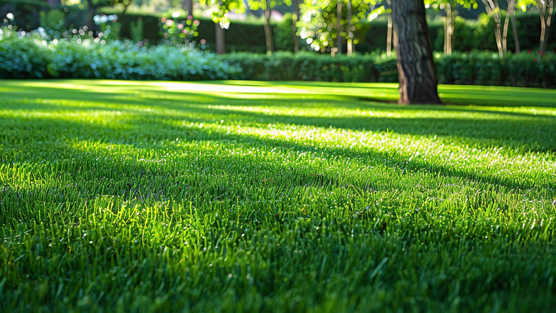 Lush healthy Bermuda grass lawn with mature trees and professional landscaping in sunny residential yard