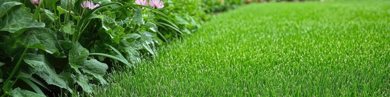Lush green lawn with vibrant flowers and garden plants along the edge showing healthy grass