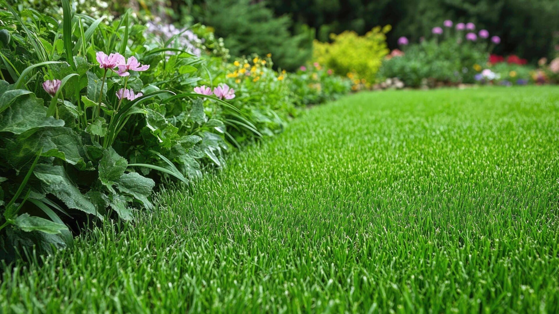 Lush green lawn with vibrant flowers and garden plants along the edge showing healthy grass