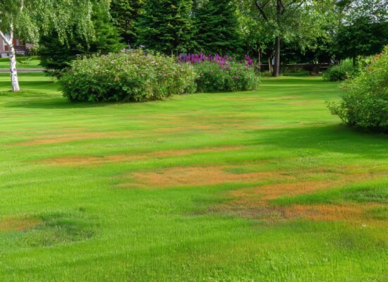 Residential lawn with dollar spot disease showing brown and tan circular patches in green grass near landscaped bushes