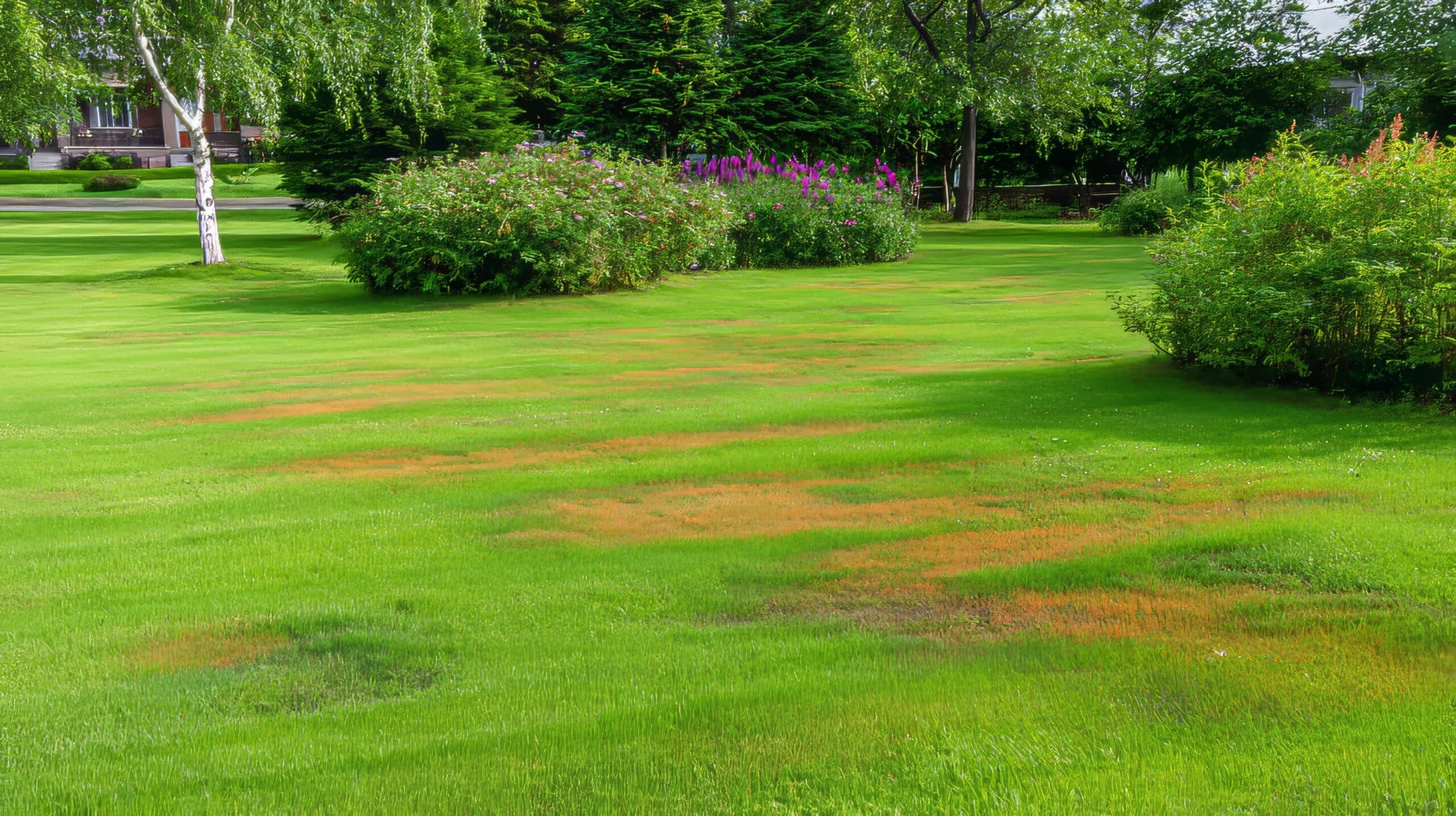 Residential lawn with dollar spot disease showing brown and tan circular patches in green grass near landscaped bushes