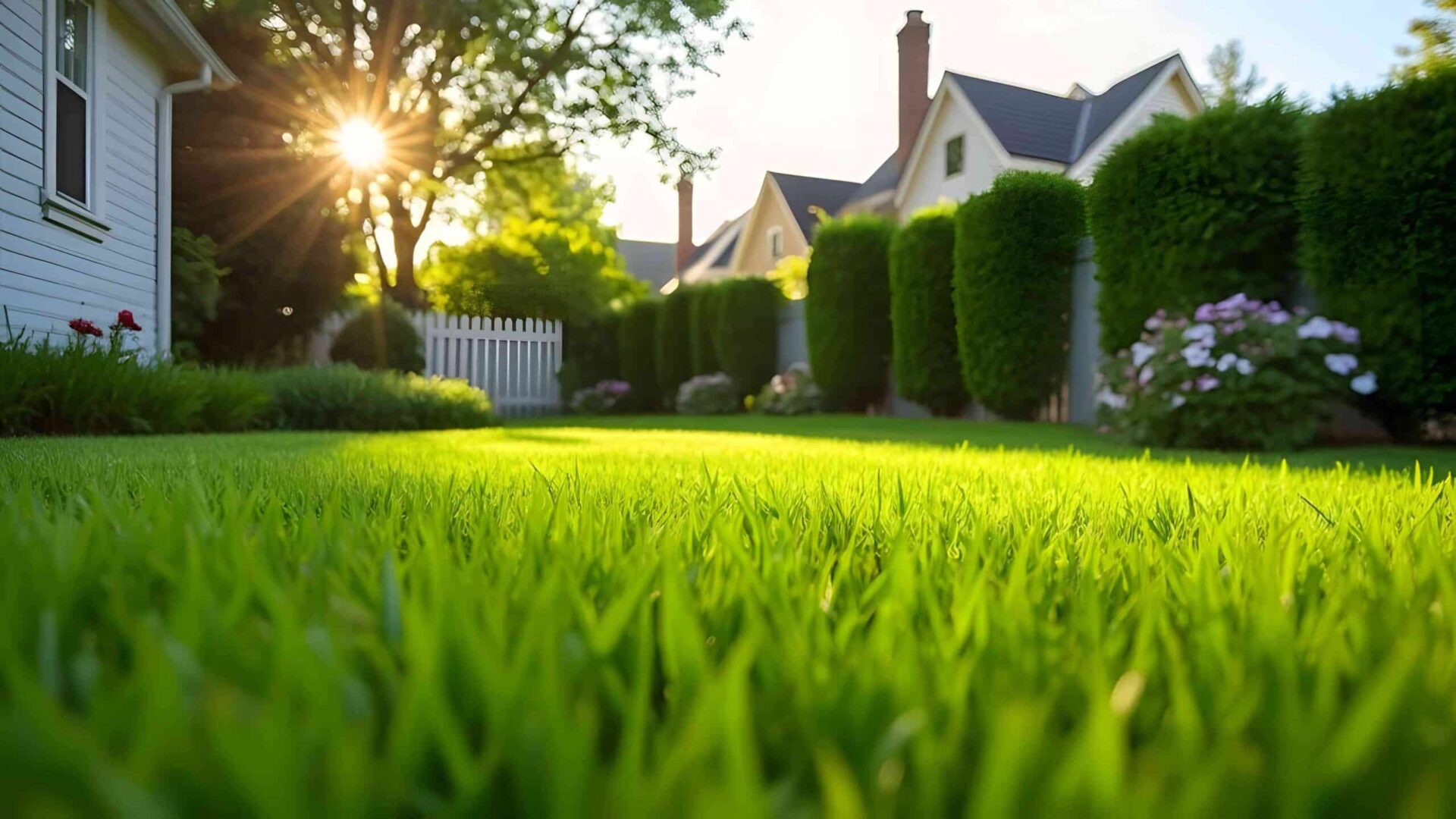 Lush green fescue grass lawn in front of residential home at sunset with healthy yard maintenance