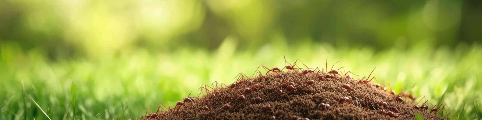 Fire ant mound in green grass lawn showing typical reddish-brown soil structure