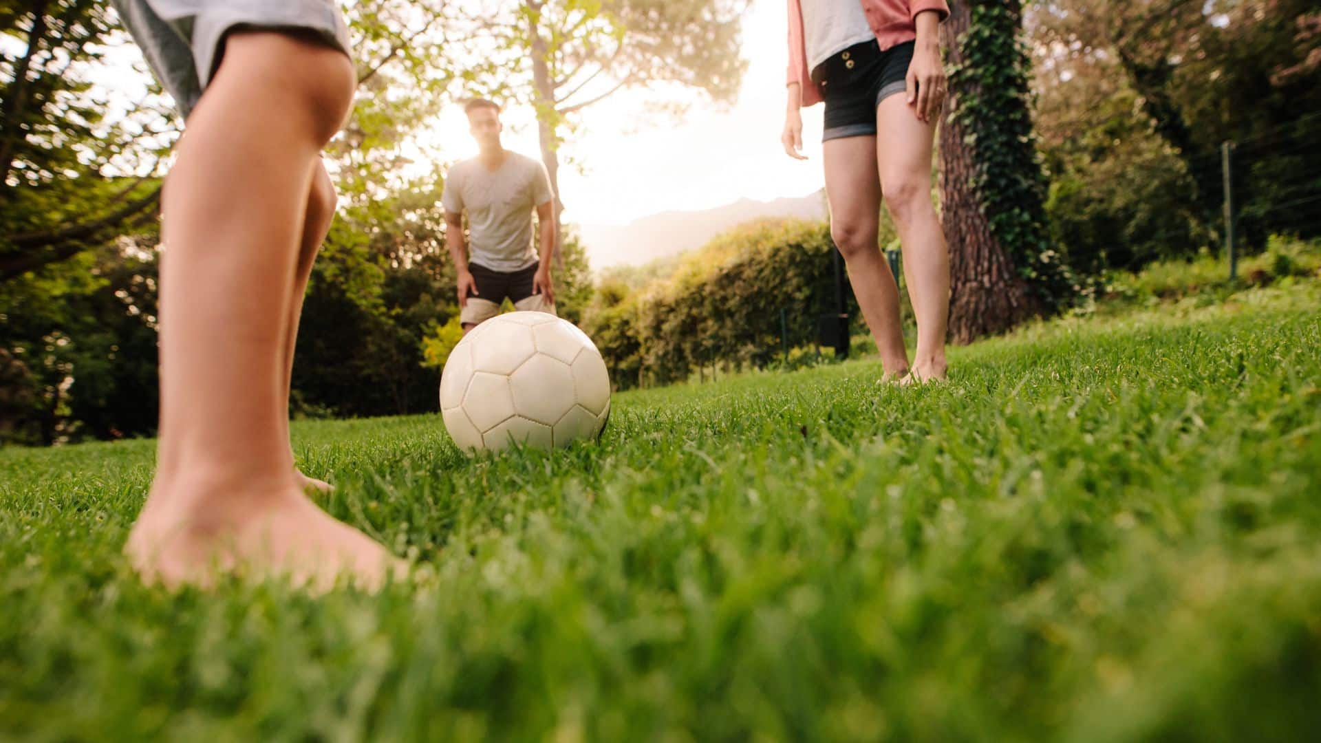 Family playing soccer on healthy green lawn with trees and scenic landscape in background