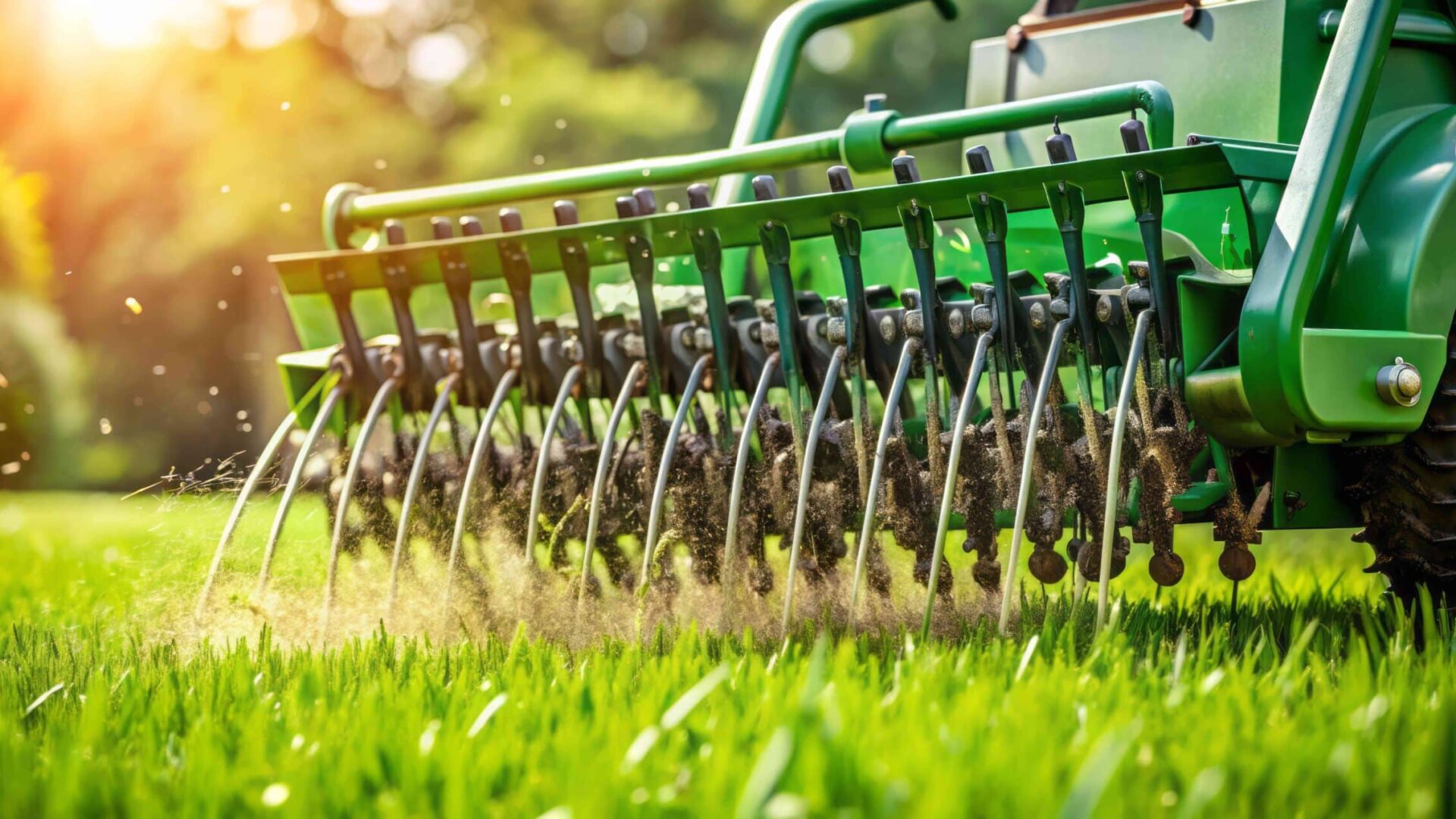 Professional lawn aeration equipment with metal tines aerating green grass during sunrise for soil compaction relief