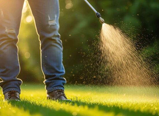 Professional lawn spray treatment being applied to green grass with spray nozzle during golden hour