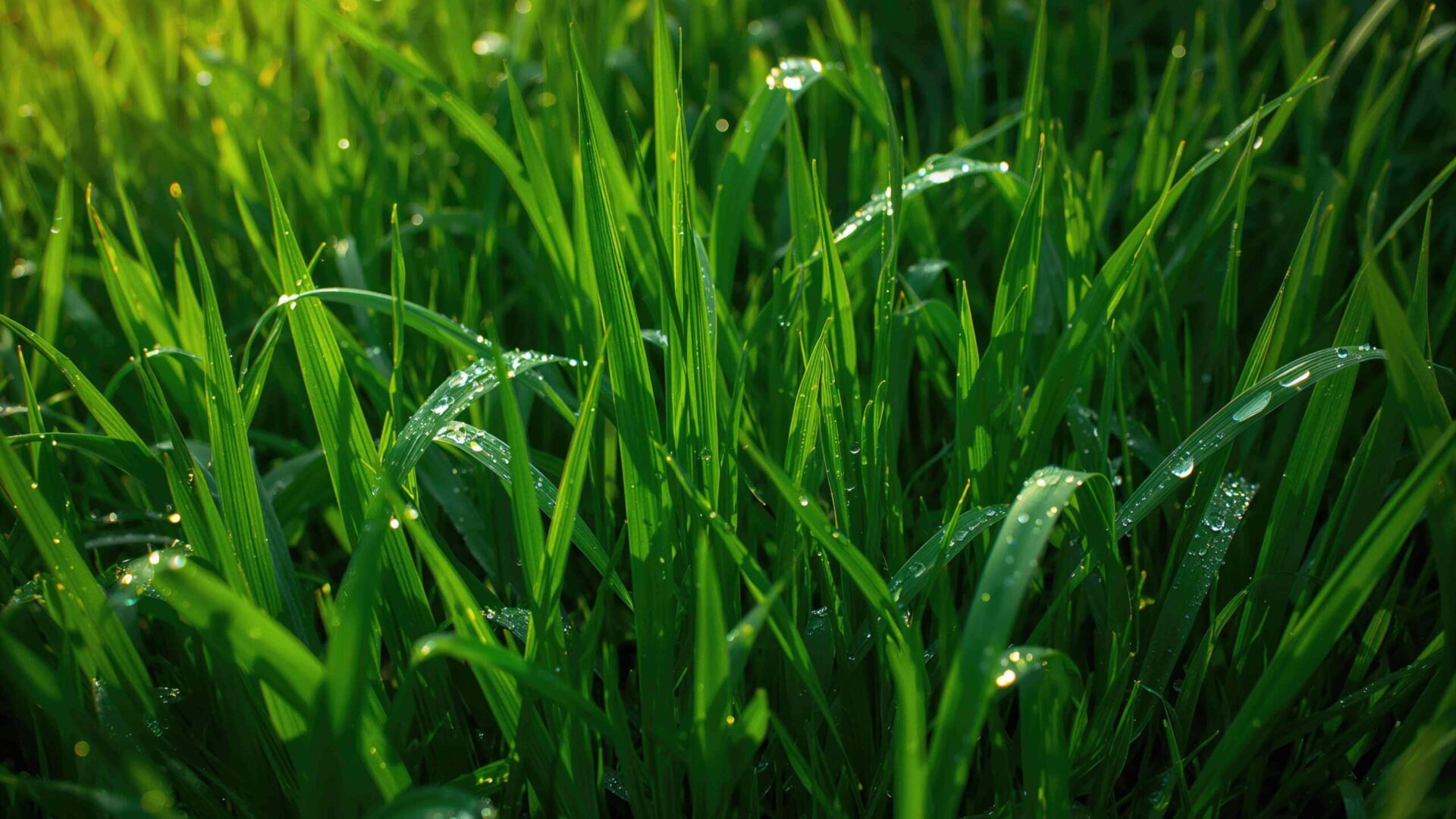 Close-up of healthy green ryegrass blades with water droplets, showing lush lawn growth and grass health