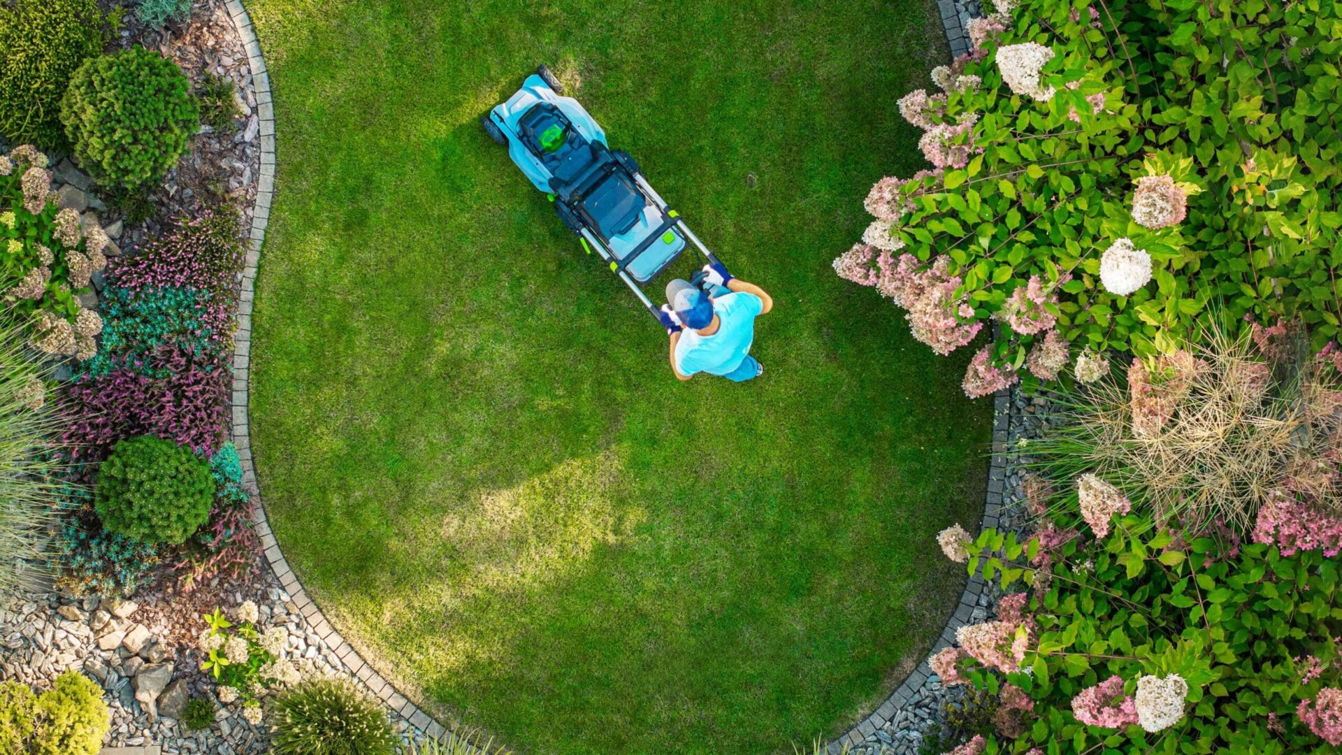 Aerial view of lawn care professional treating residential yard with sod webworm damage from above