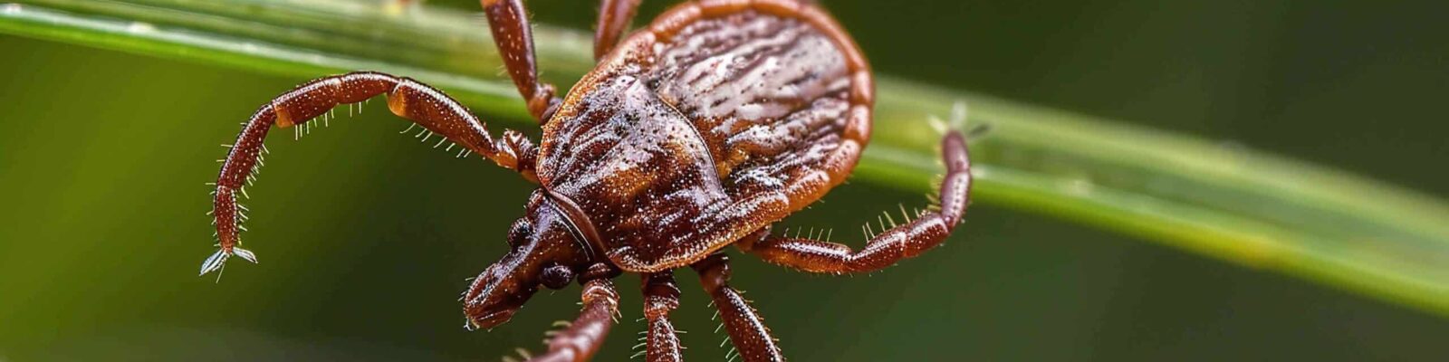 Tick with a small, oval, brown body clinging to green grass blades or animal fur, showing its segmented legs and tiny mouthparts, in soft outdoor daylight with subtle shadows highlighting its details. Close-up of a brown tick on green grass blade, pest identification for lawn care