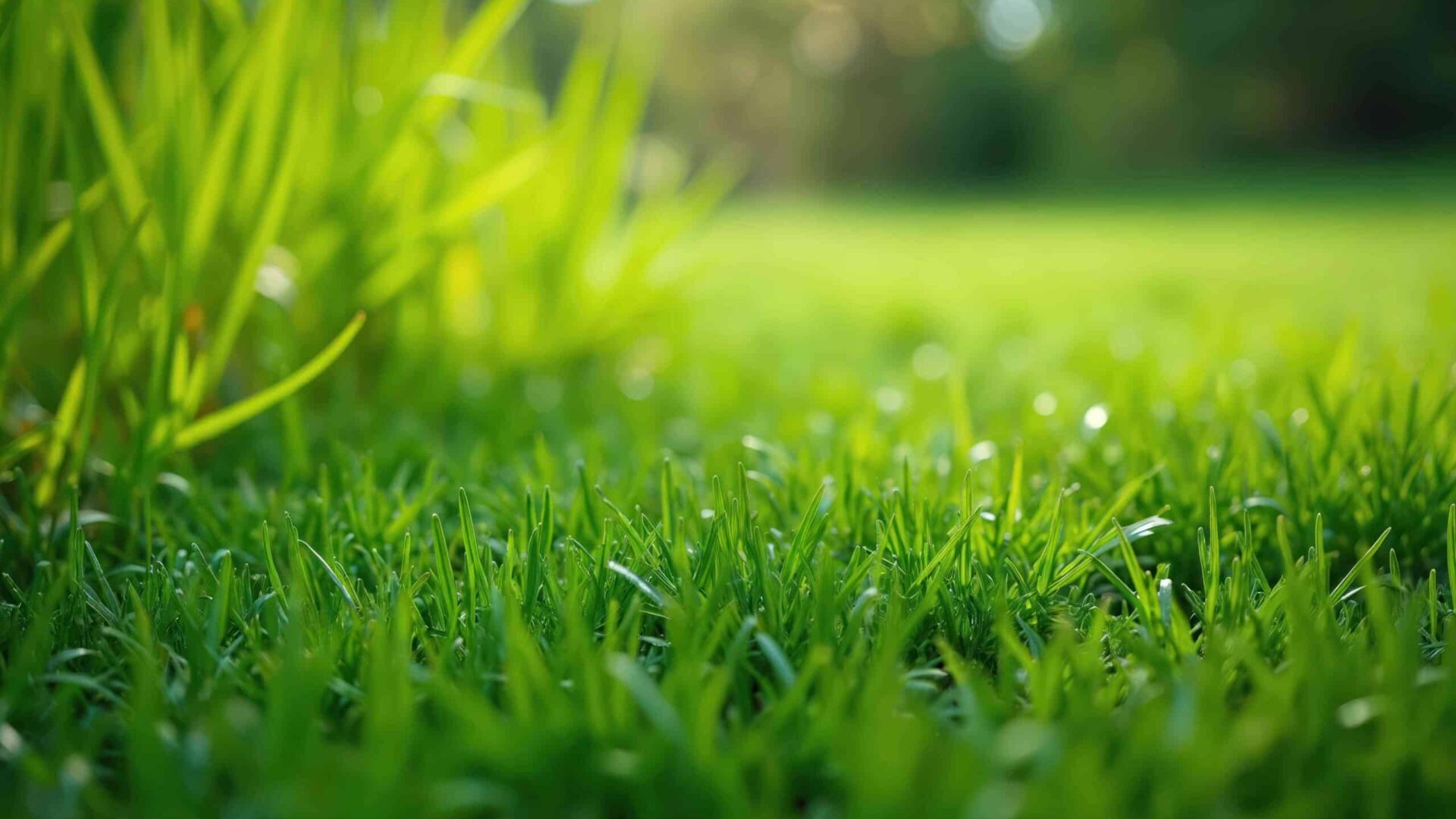 Close-up of healthy green zoysia grass blades with morning dew drops and blurred lawn background