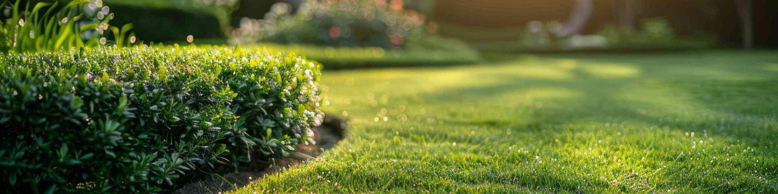 Lush zoysia grass lawn with morning dew, hedges, and trees in sunlight for healthy yard maintenance