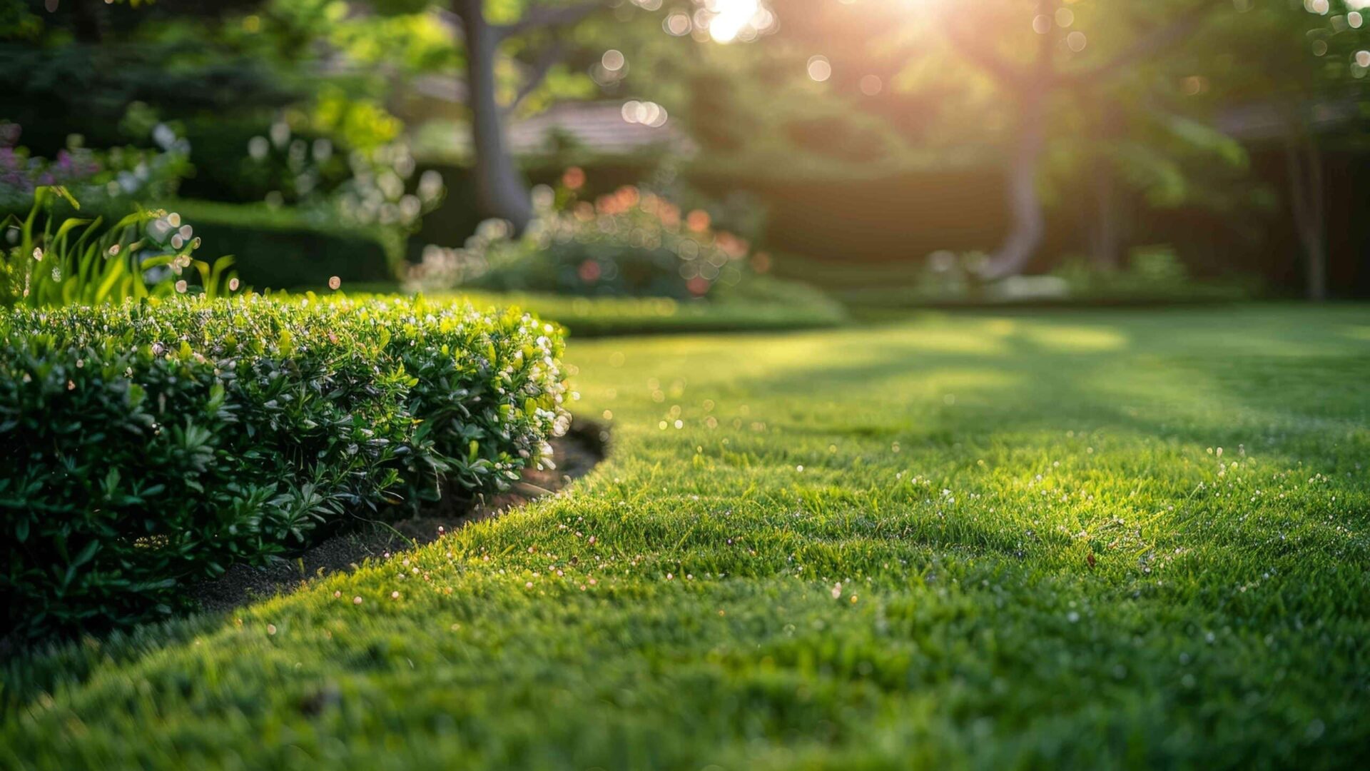 Lush zoysia grass lawn with morning dew, hedges, and trees in sunlight for healthy yard maintenance